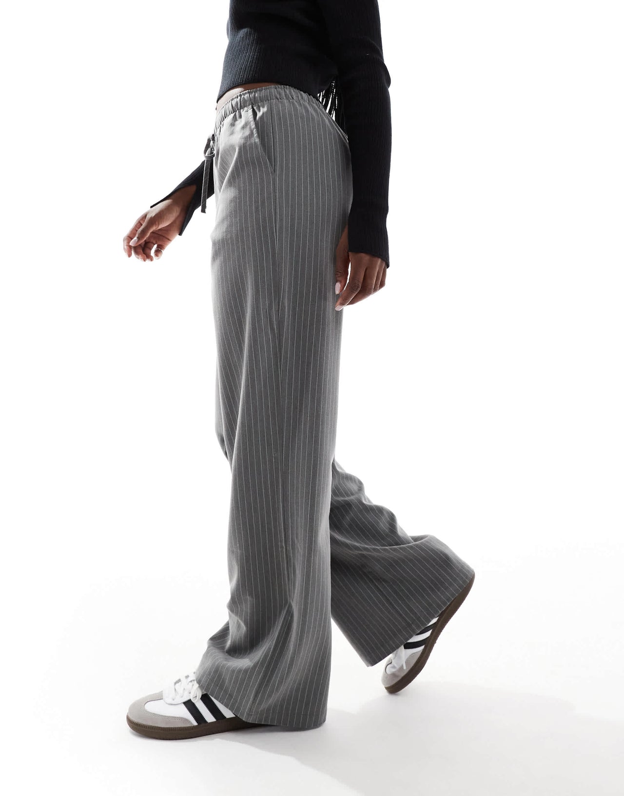Stradivarius pull on trouser in grey pinstripe
