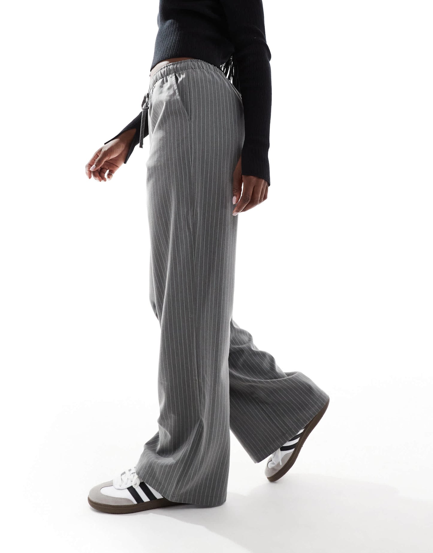 Stradivarius pull on trouser in grey pinstripe