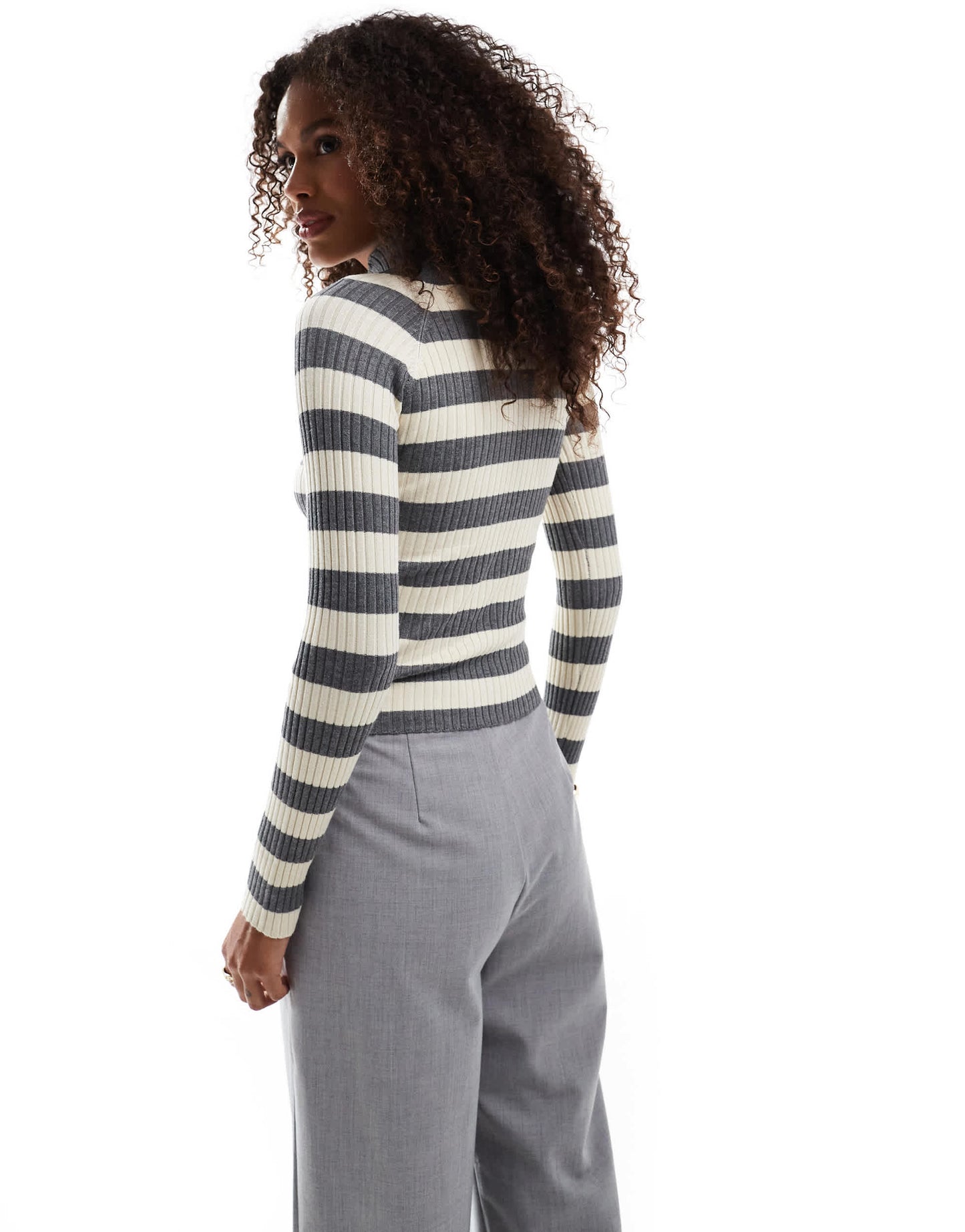 Stradivarius knitted jumper in grey and beige stripe
