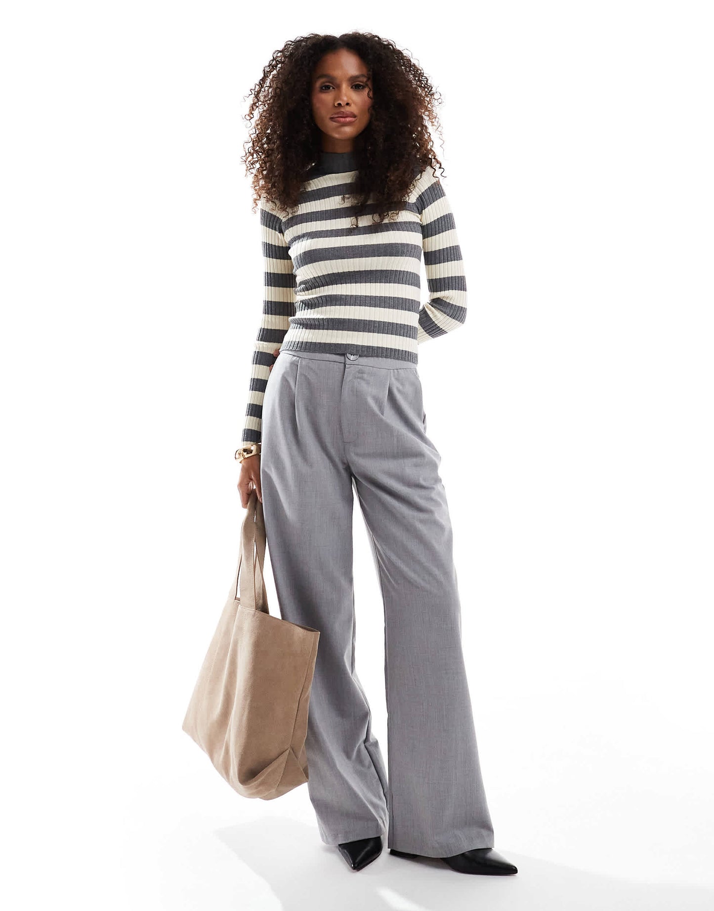 Stradivarius knitted jumper in grey and beige stripe
