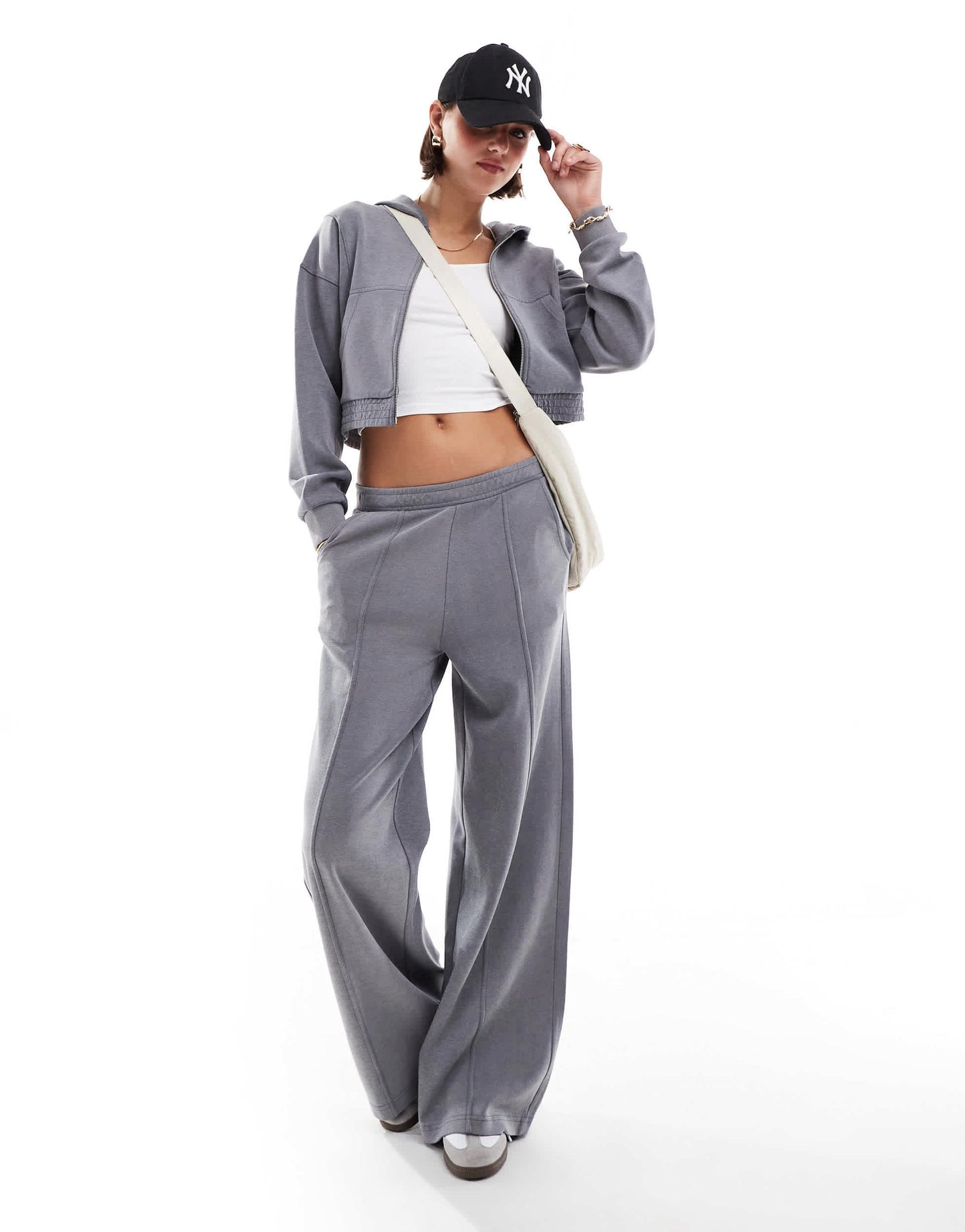 Stradivarius co-ord soft touch wide leg jogger in dark grey