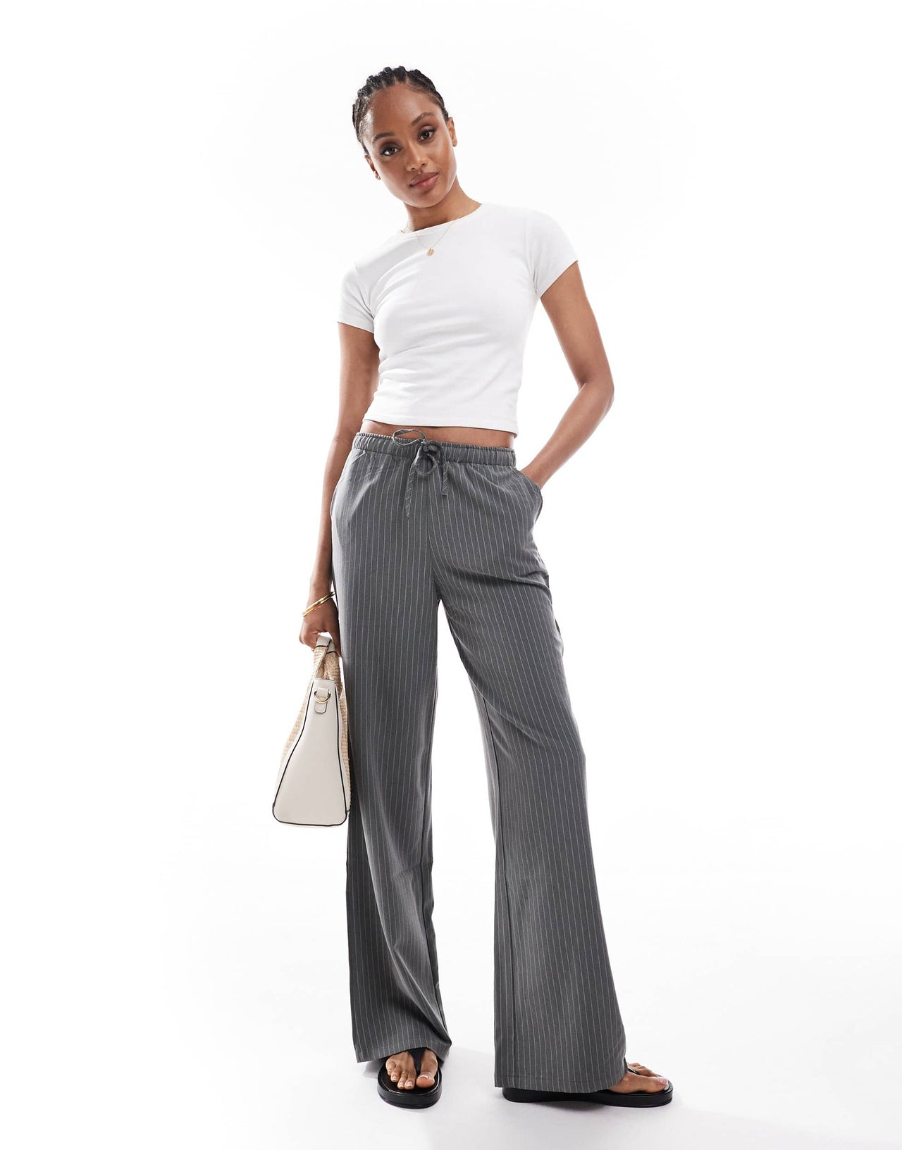 Stradivarius Tall pull on trouser in grey pinstripe