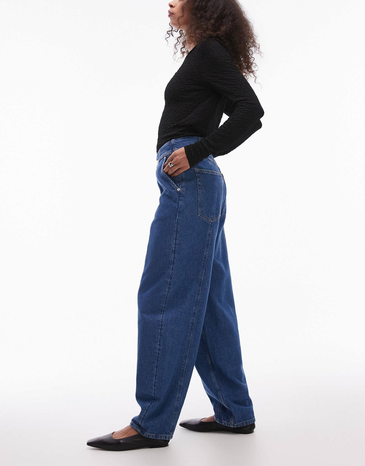 & Other Stories barrel leg jeans with front seam and corset wait seam detail in clean blue wash