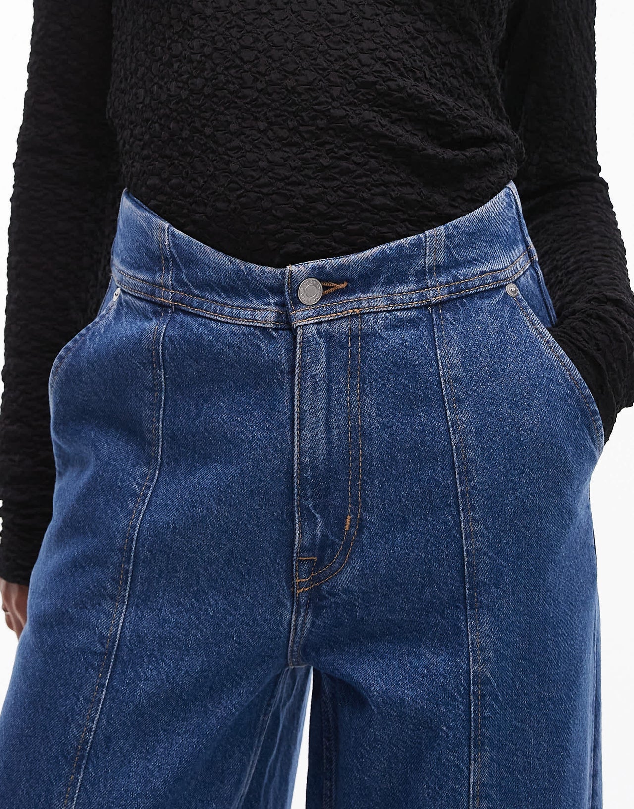 & Other Stories barrel leg jeans with front seam and corset wait seam detail in clean blue wash