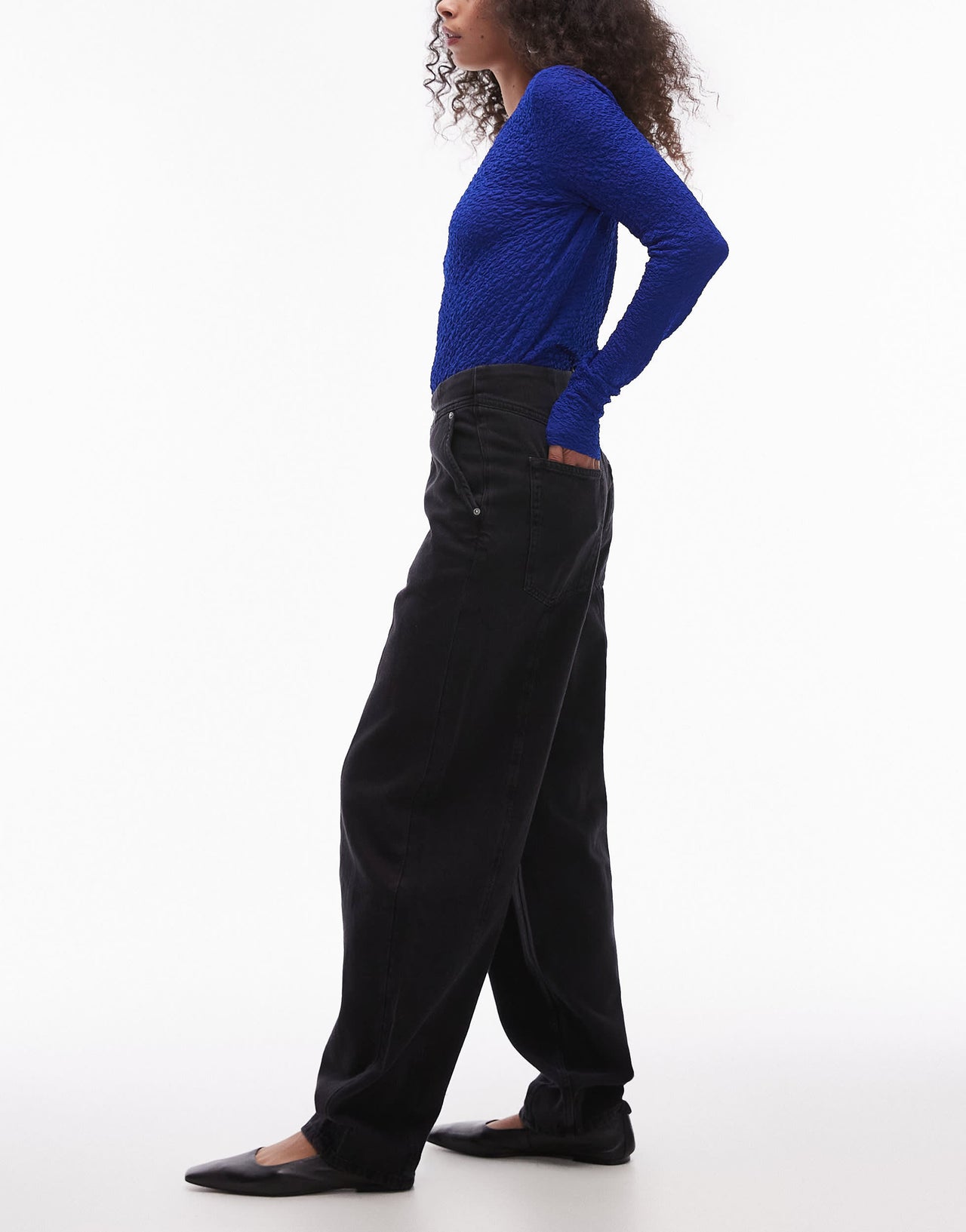 & Other Stories barrel leg jeans with front seam and corset wait seam detail in washed black