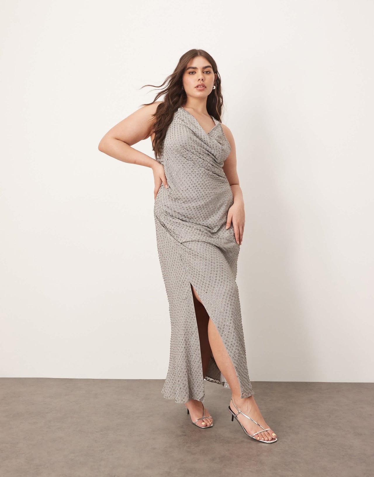 ARRANGE Curve embellished crystal drape maxi dress with twist detail in silver grey
