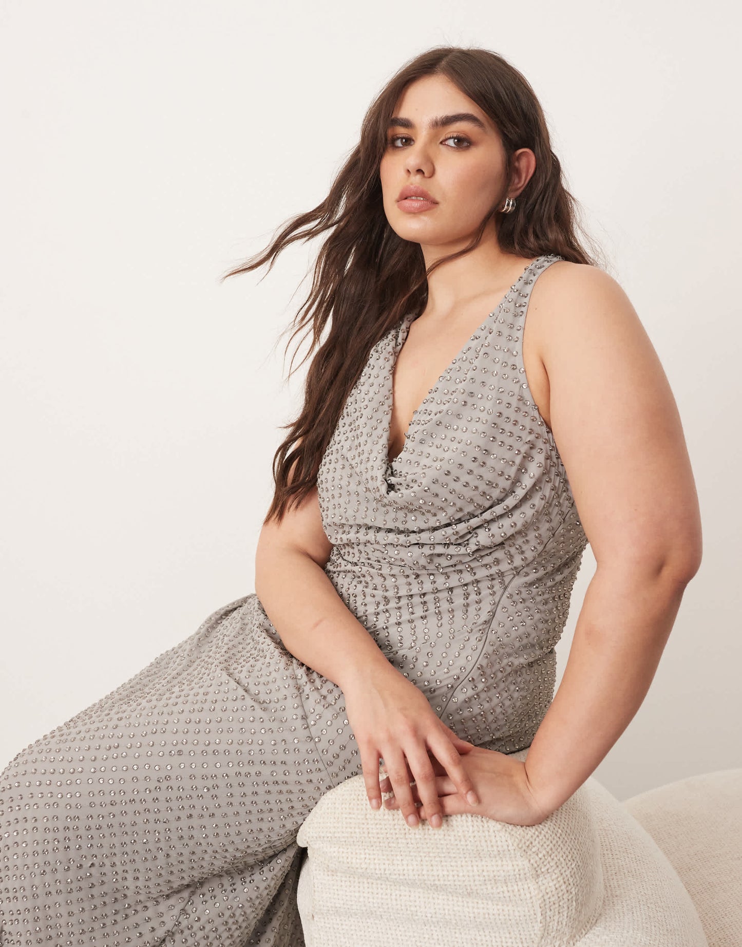 ARRANGE Curve embellished crystal drape maxi dress with twist detail in silver grey
