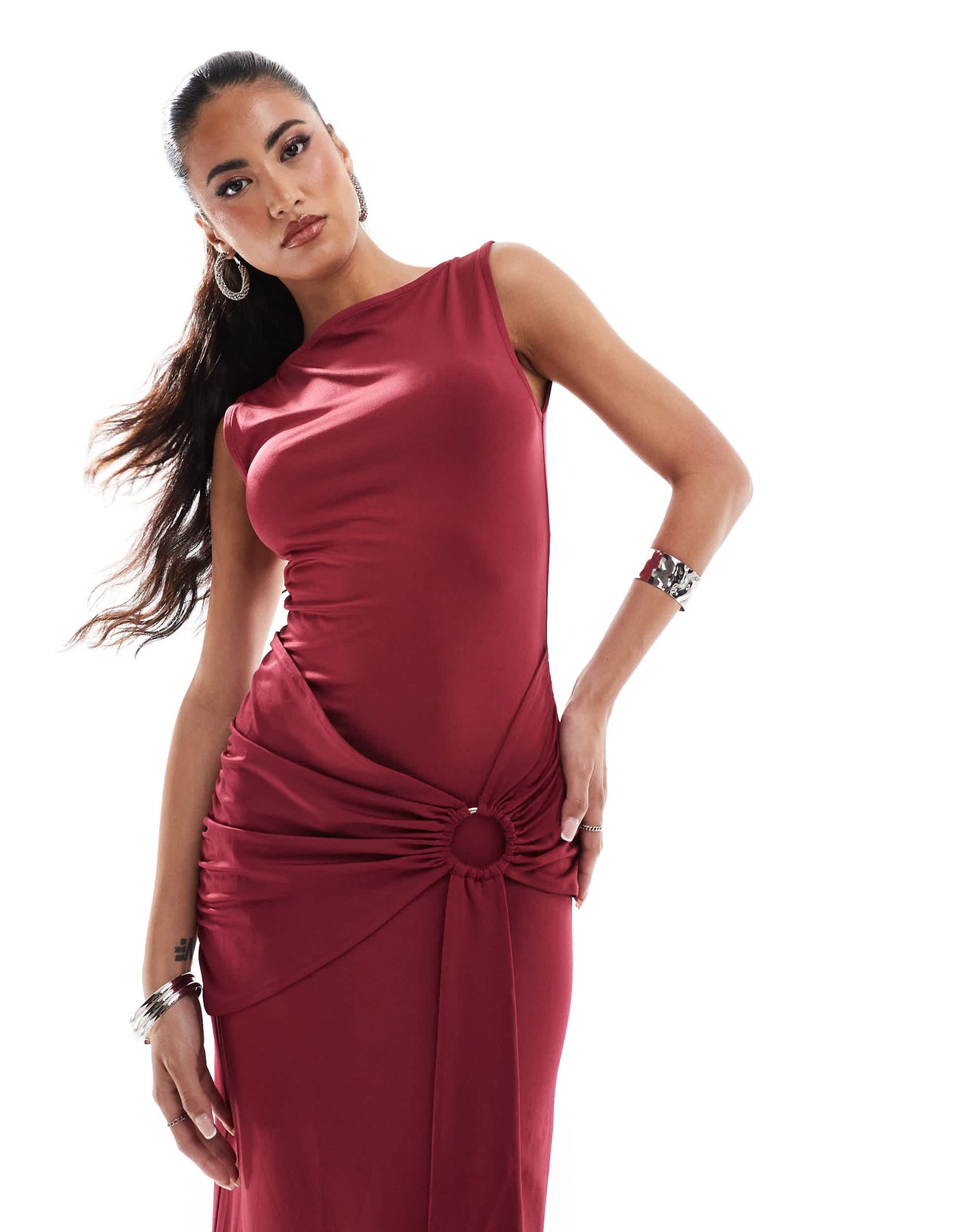 ASOS DESIGN metal hardware tie front maxi dress in wine