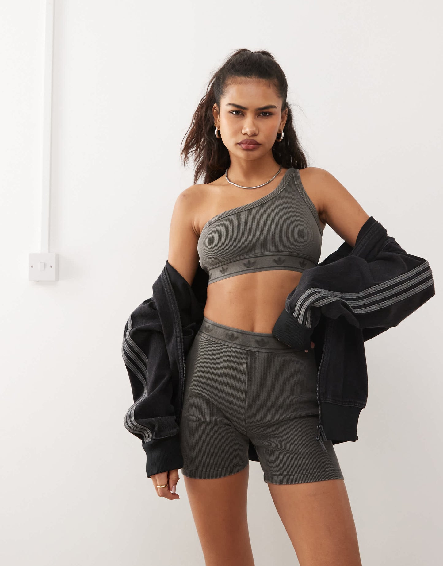 adidas Originals asymmetric bra in washed black rib