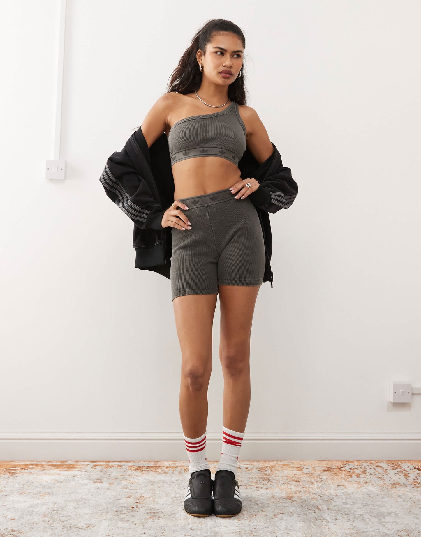 adidas Originals asymmetric bra in washed black rib