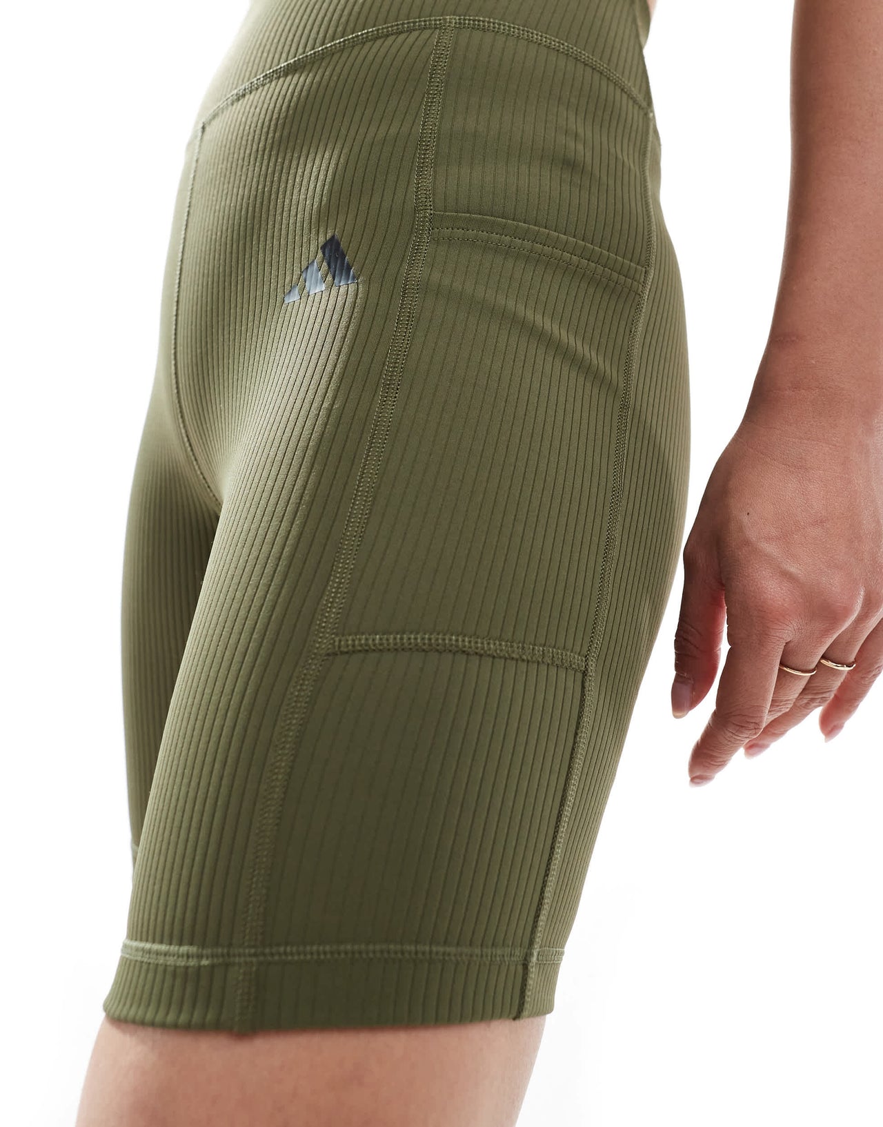 adidas Training Optime ribbed legging short with phone pocket in olive green