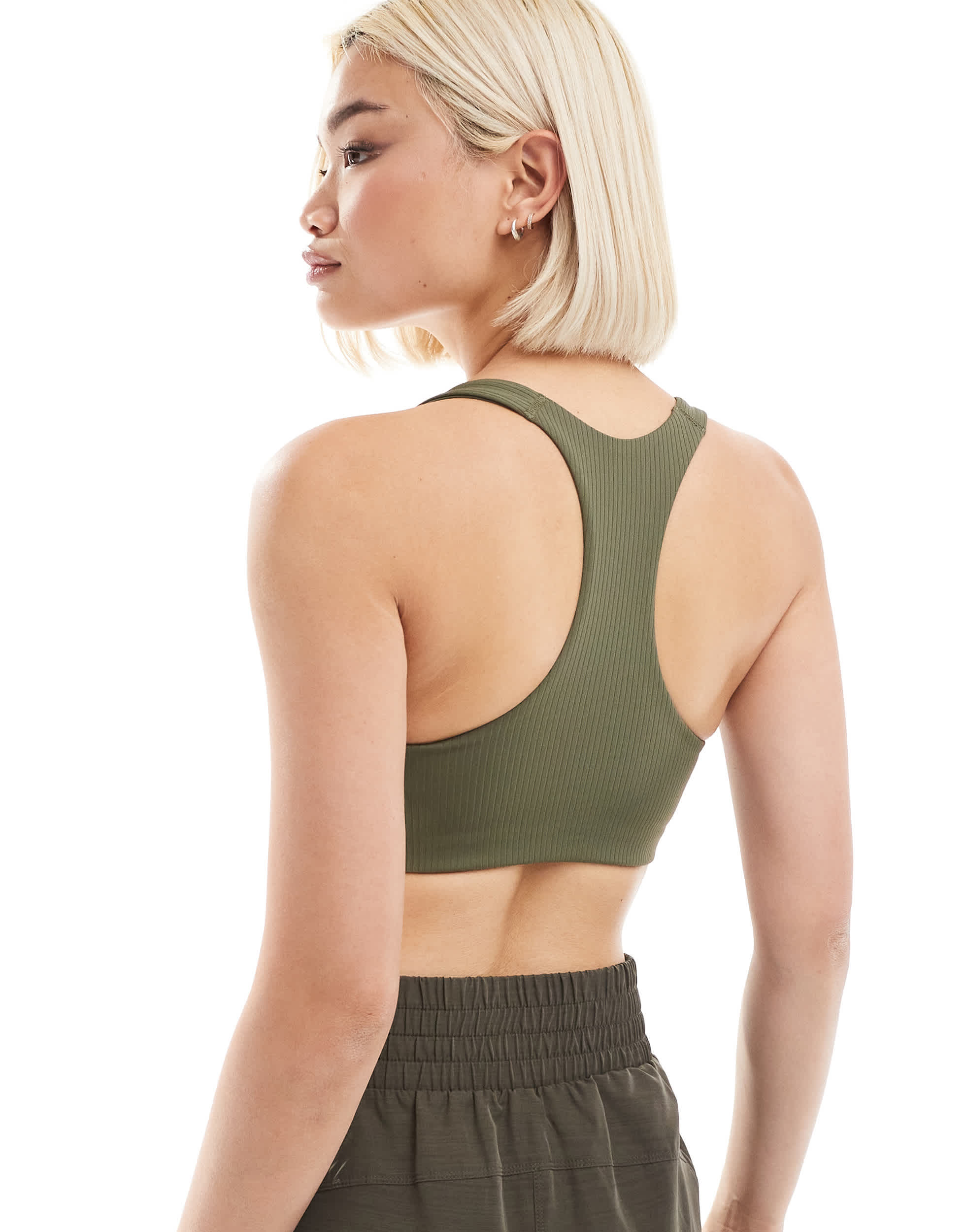 adidas Training D4T medium support rib sports bra in olive green