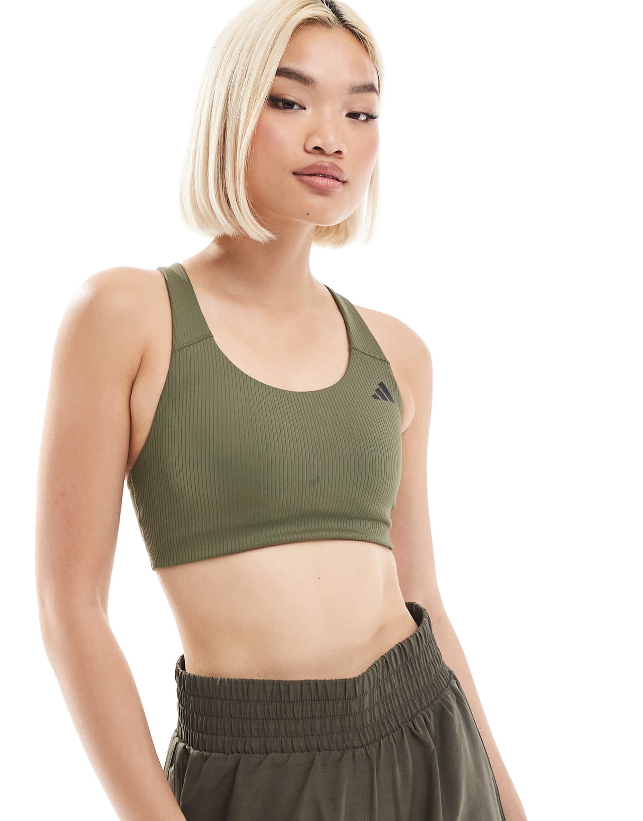 adidas Training D4T medium support rib sports bra in olive green