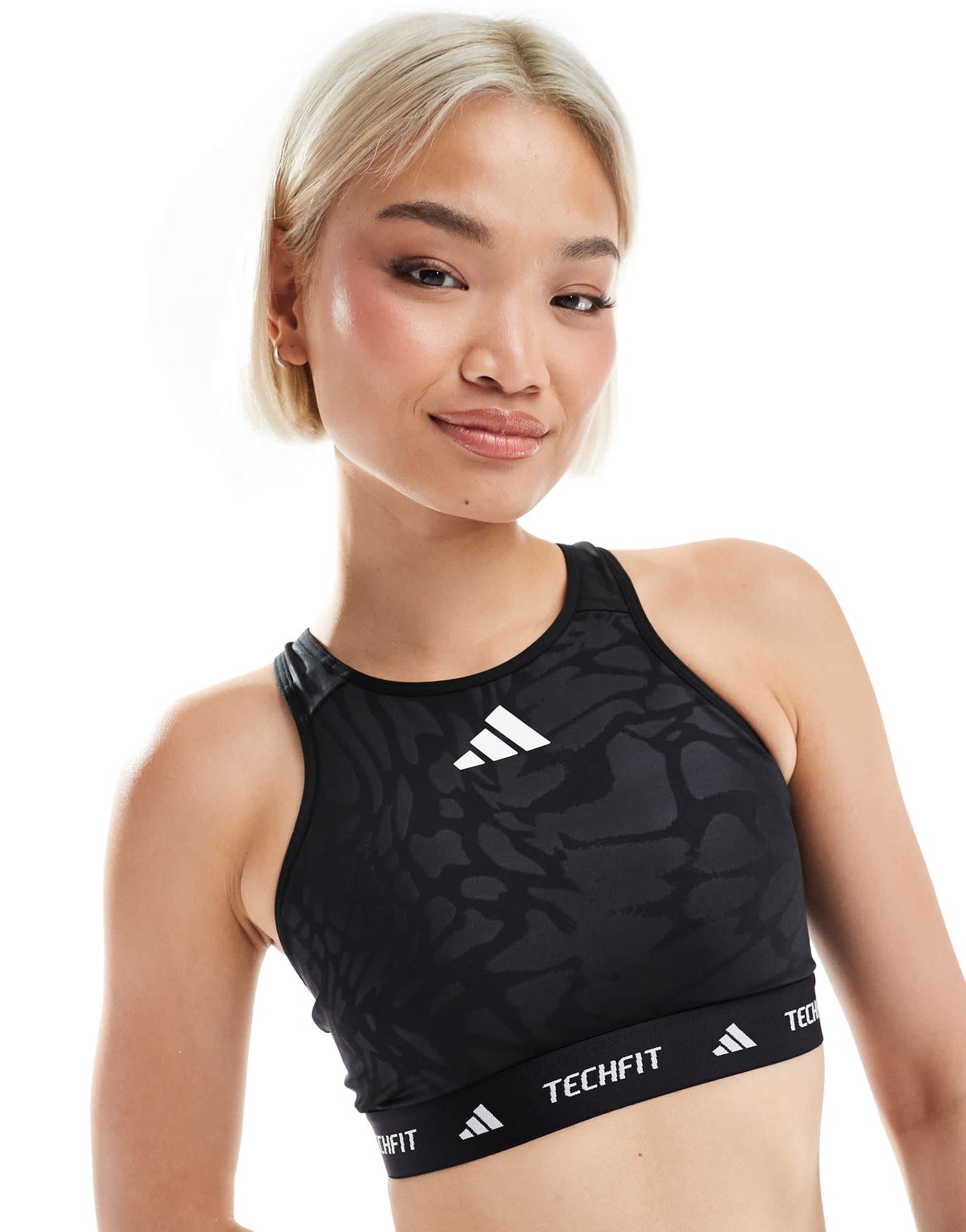 adidas Training Tech Fit sports bra in black print