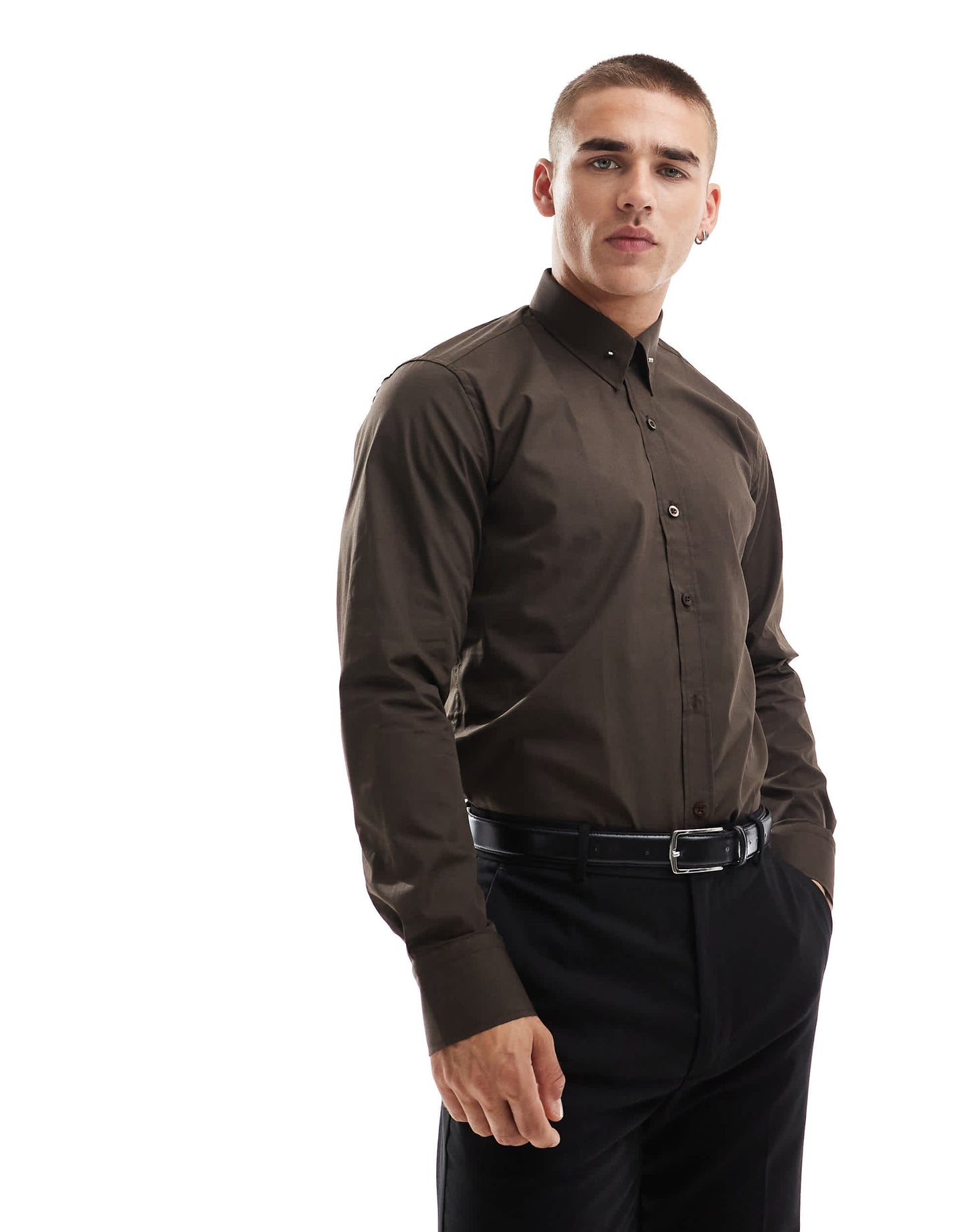 Shelby and Sons roslin smart shirt in chocolate with collar bar detail