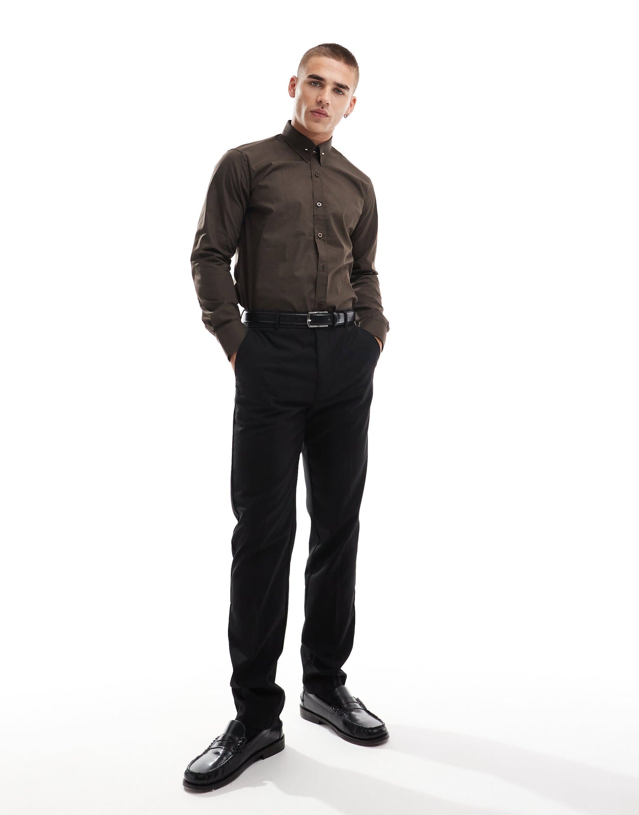 Shelby and Sons roslin smart shirt in chocolate with collar bar detail