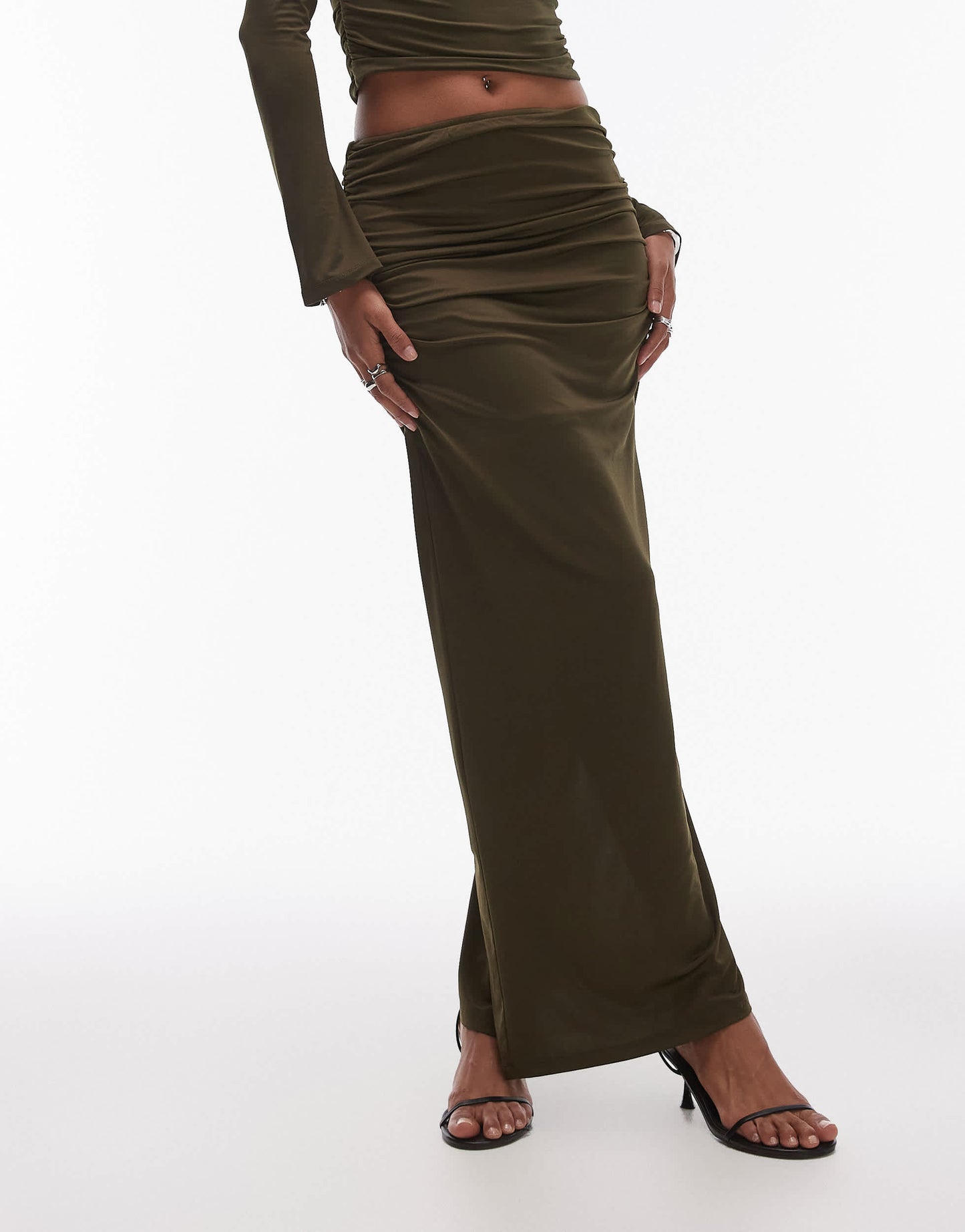 Nia selena slinky maxi skirt co-ord in olive