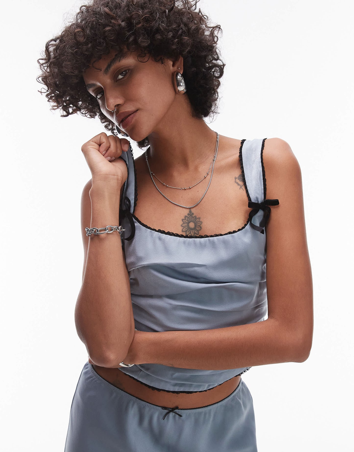 Nia stan bow detail ruched corset top co-ord in slate blue