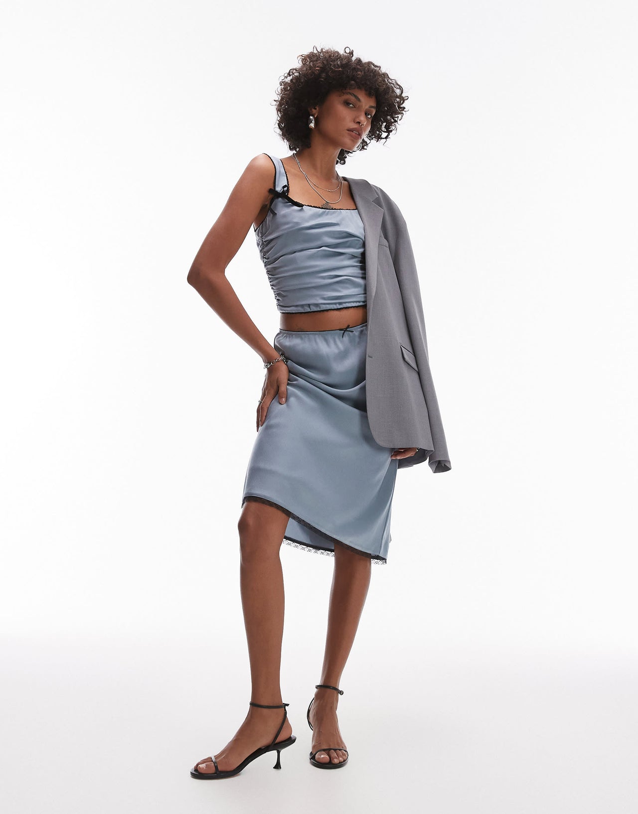 Nia stan bow detail ruched corset top co-ord in slate blue