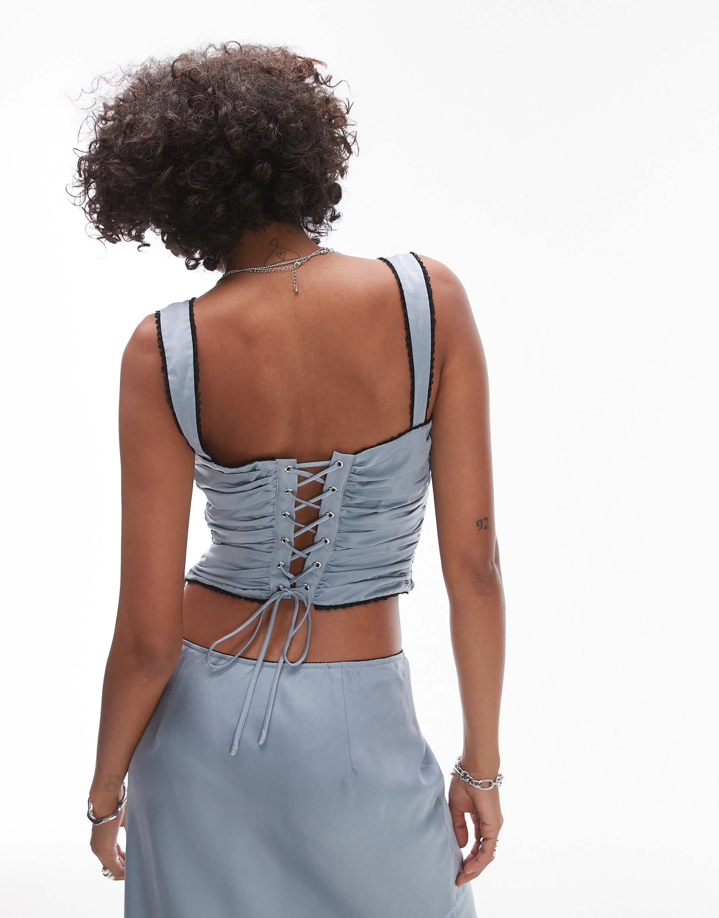 Nia stan bow detail ruched corset top co-ord in slate blue