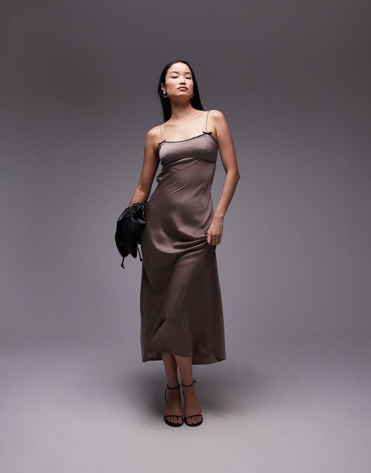 Nia lee satin bow detail cami maxi dress in taupe