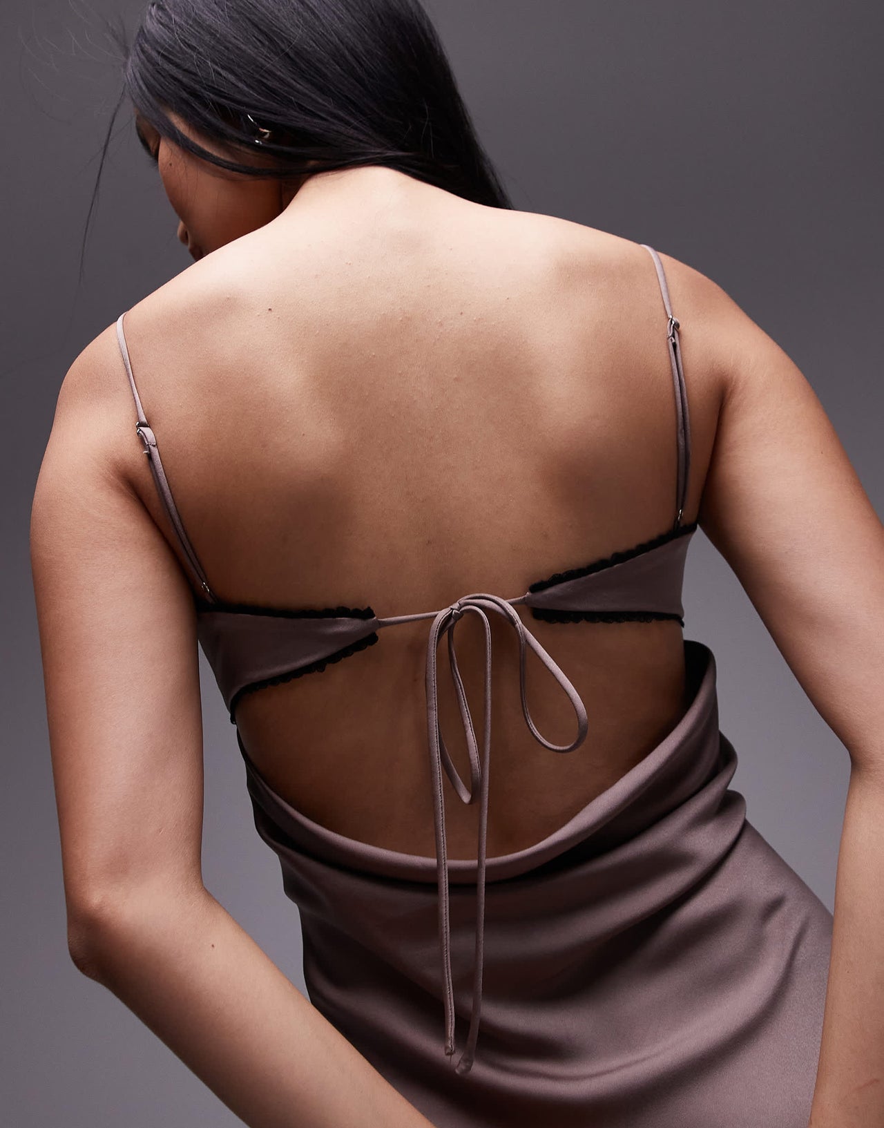 Nia lee satin bow detail cami maxi dress in taupe