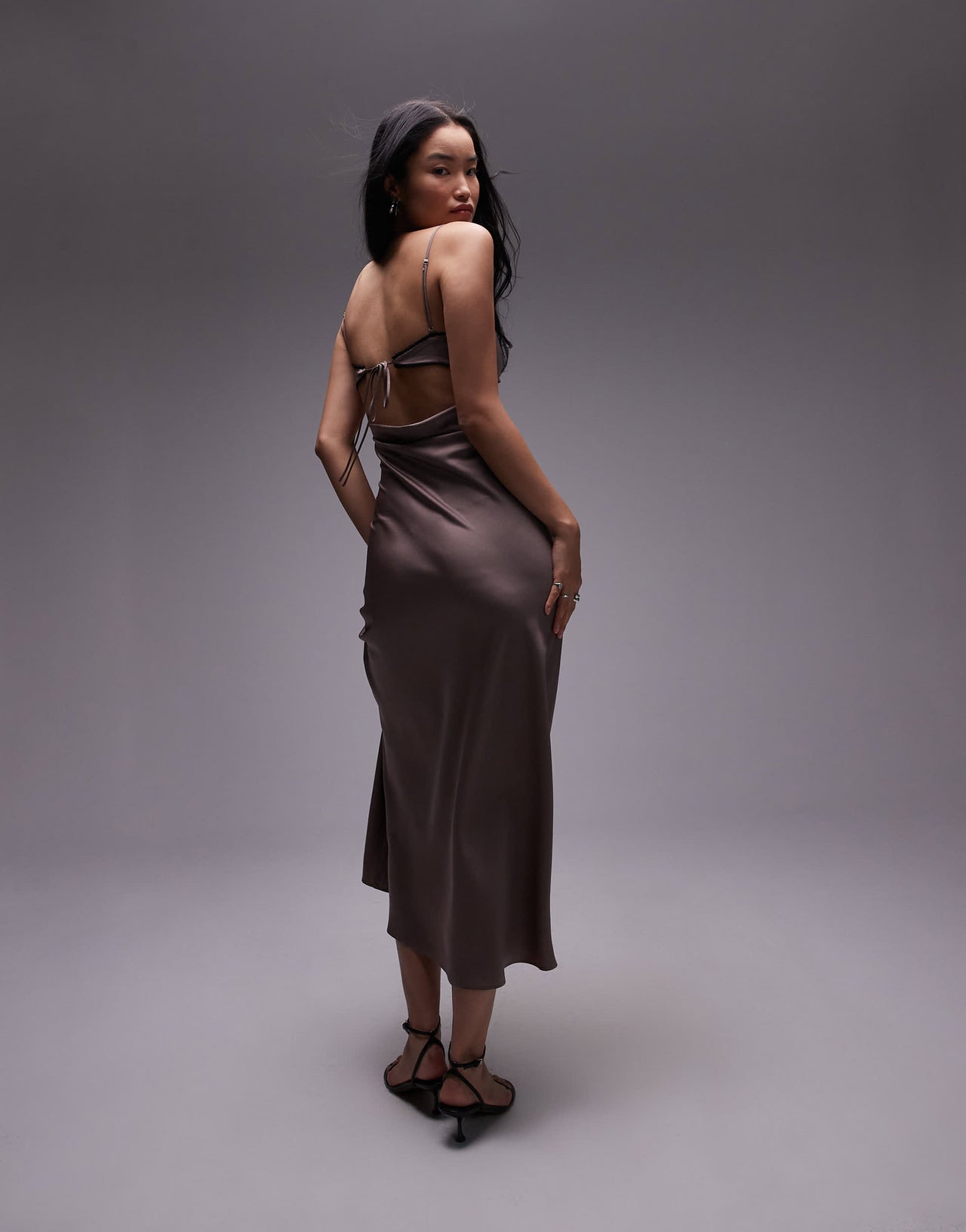 Nia lee satin bow detail cami maxi dress in taupe