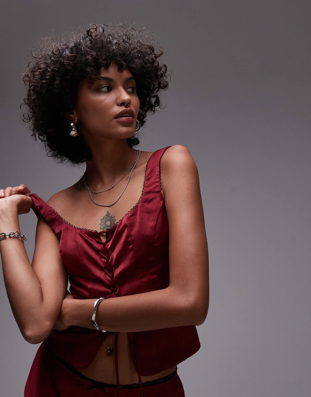 Nia true satin corset top co-ord in garnet red