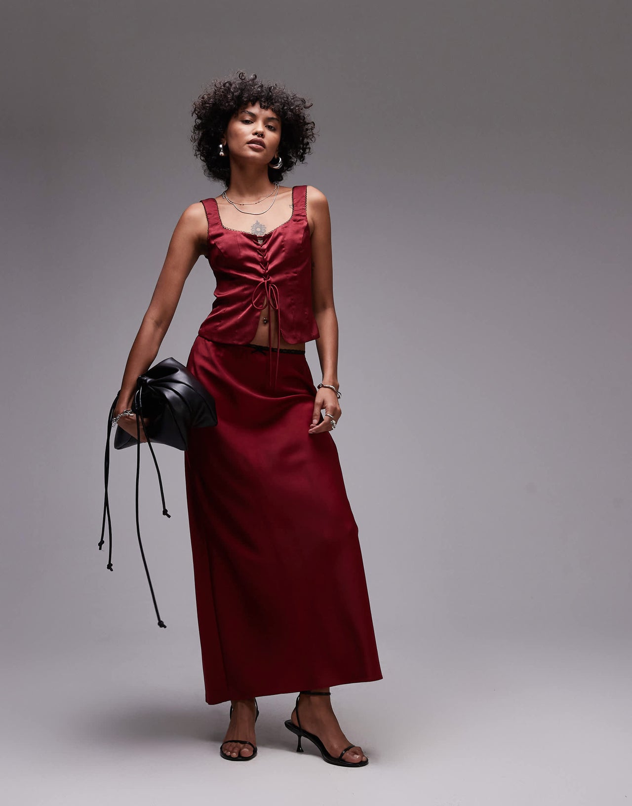 Nia true satin corset top co-ord in garnet red