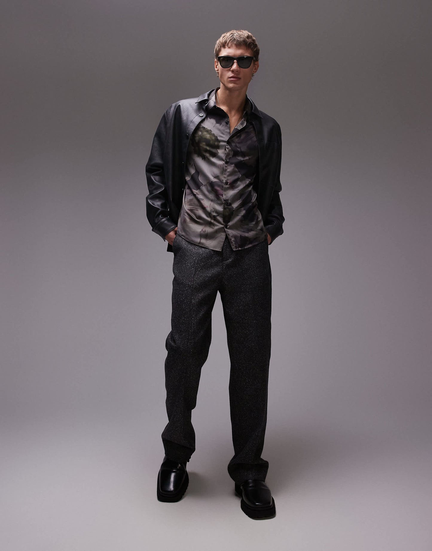 Topman long sleeve floral printed shirt in black