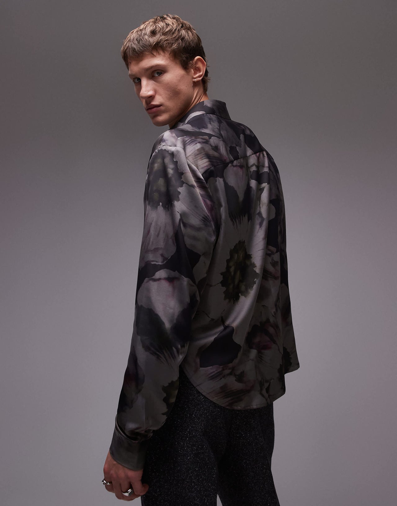Topman long sleeve floral printed shirt in black