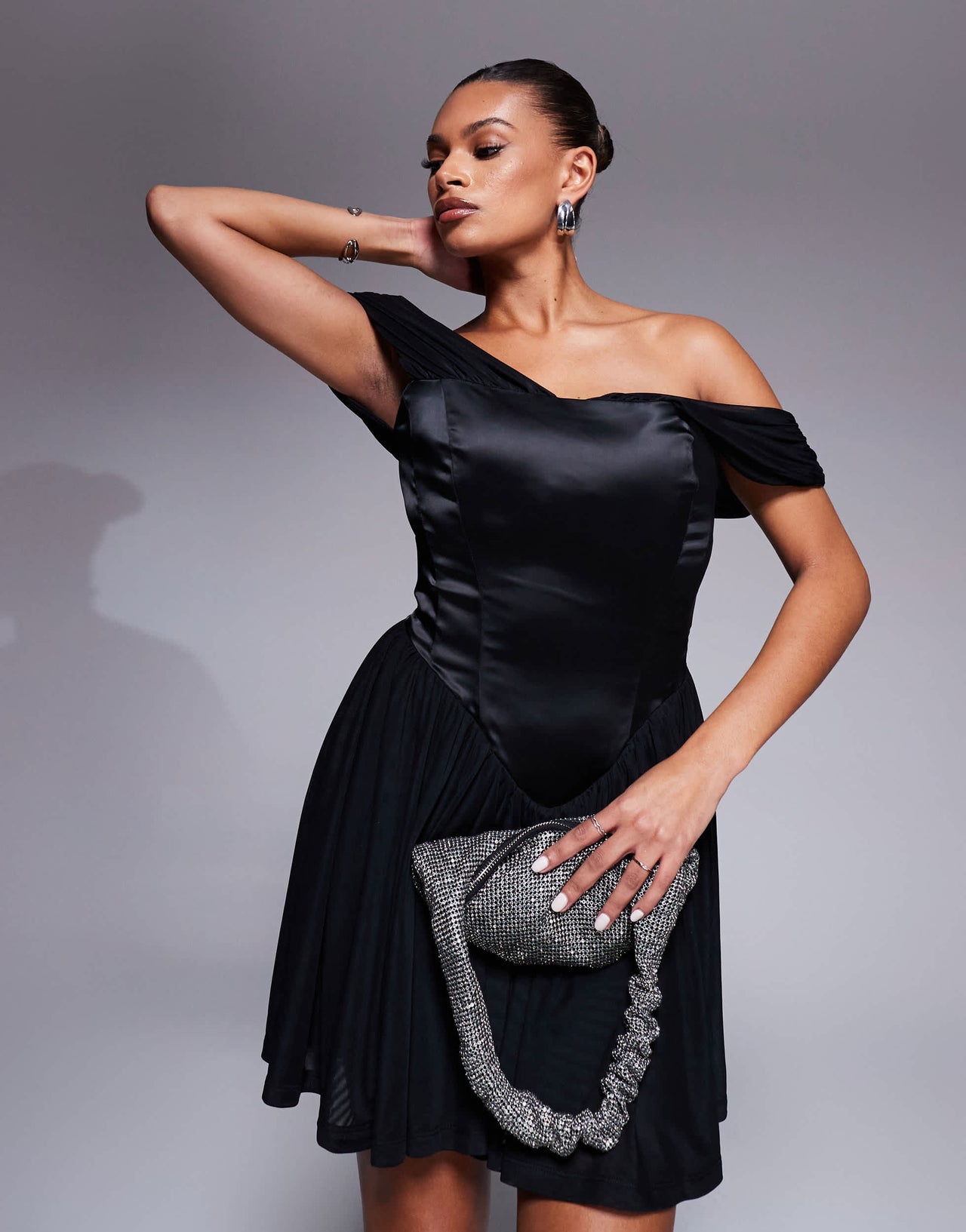 Taideux fuller bust Savannah satin and mesh mini corset dress with off shoulder detail in black