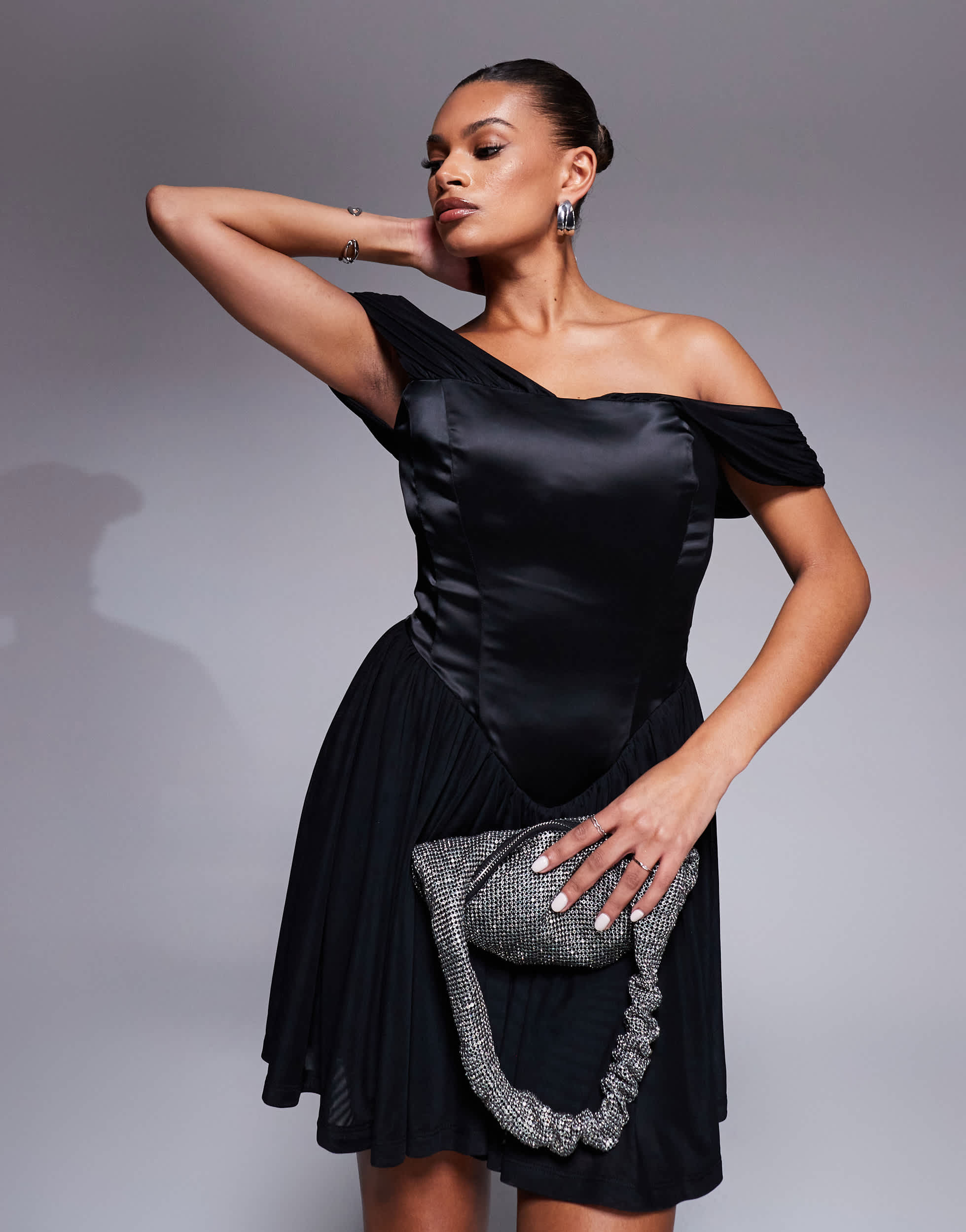 Taideux fuller bust Savannah satin and mesh mini corset dress with off shoulder detail in black