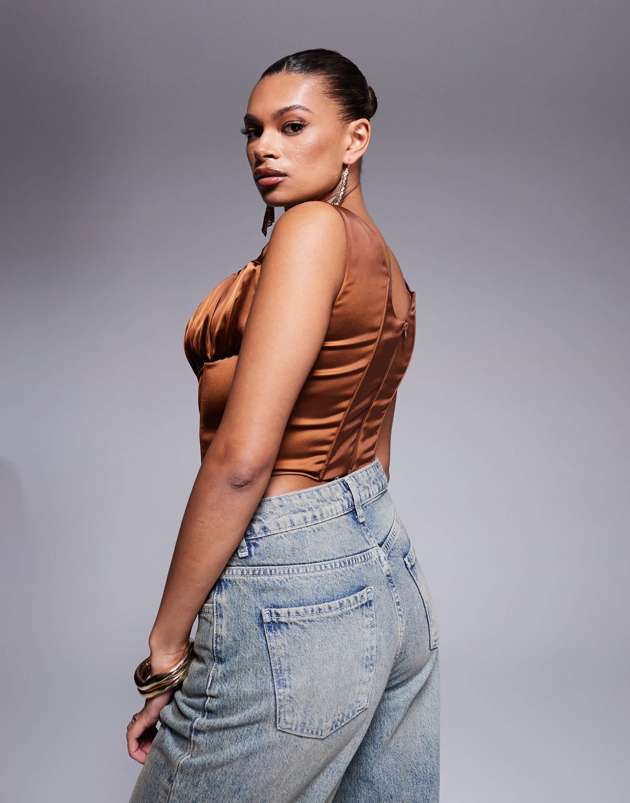 Taideux fuller bust Alyssa satin corset top with boning in toffee brown