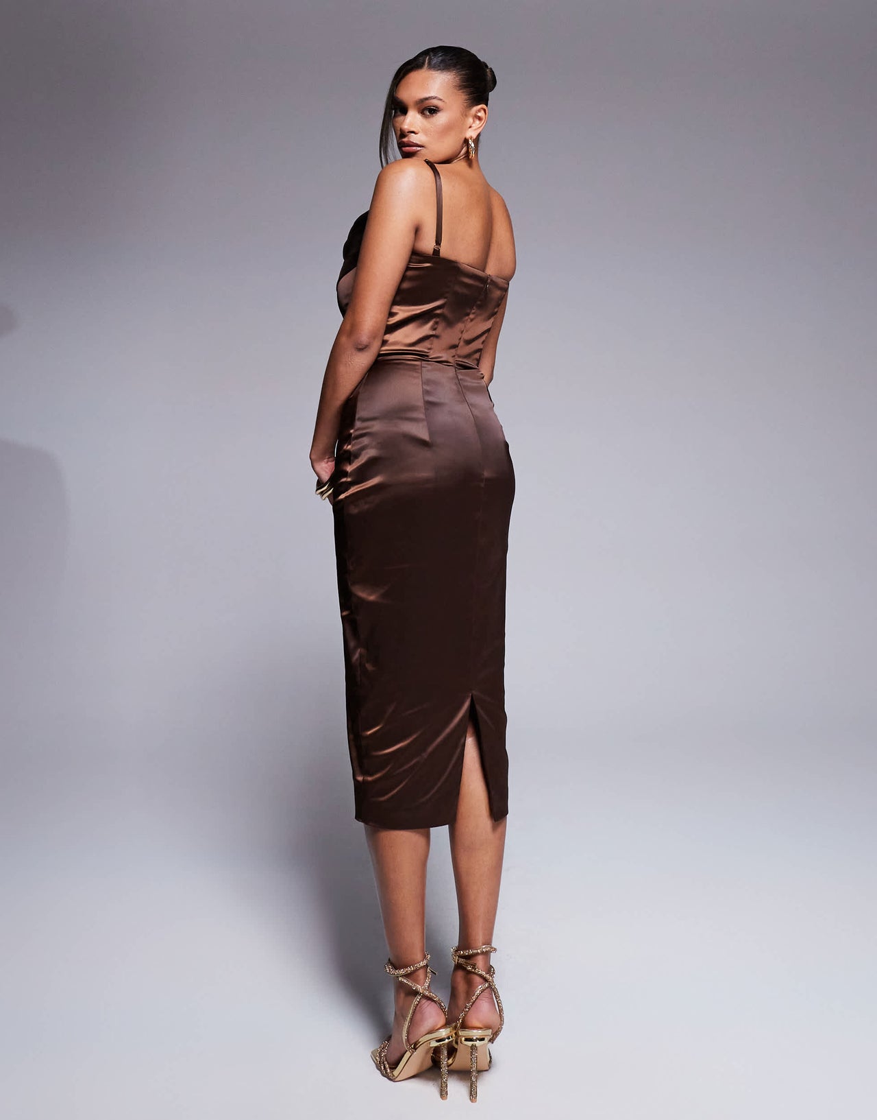 Taideux fuller bust Yolanda satin midi boned corset dress with lace trim in deep chocolate