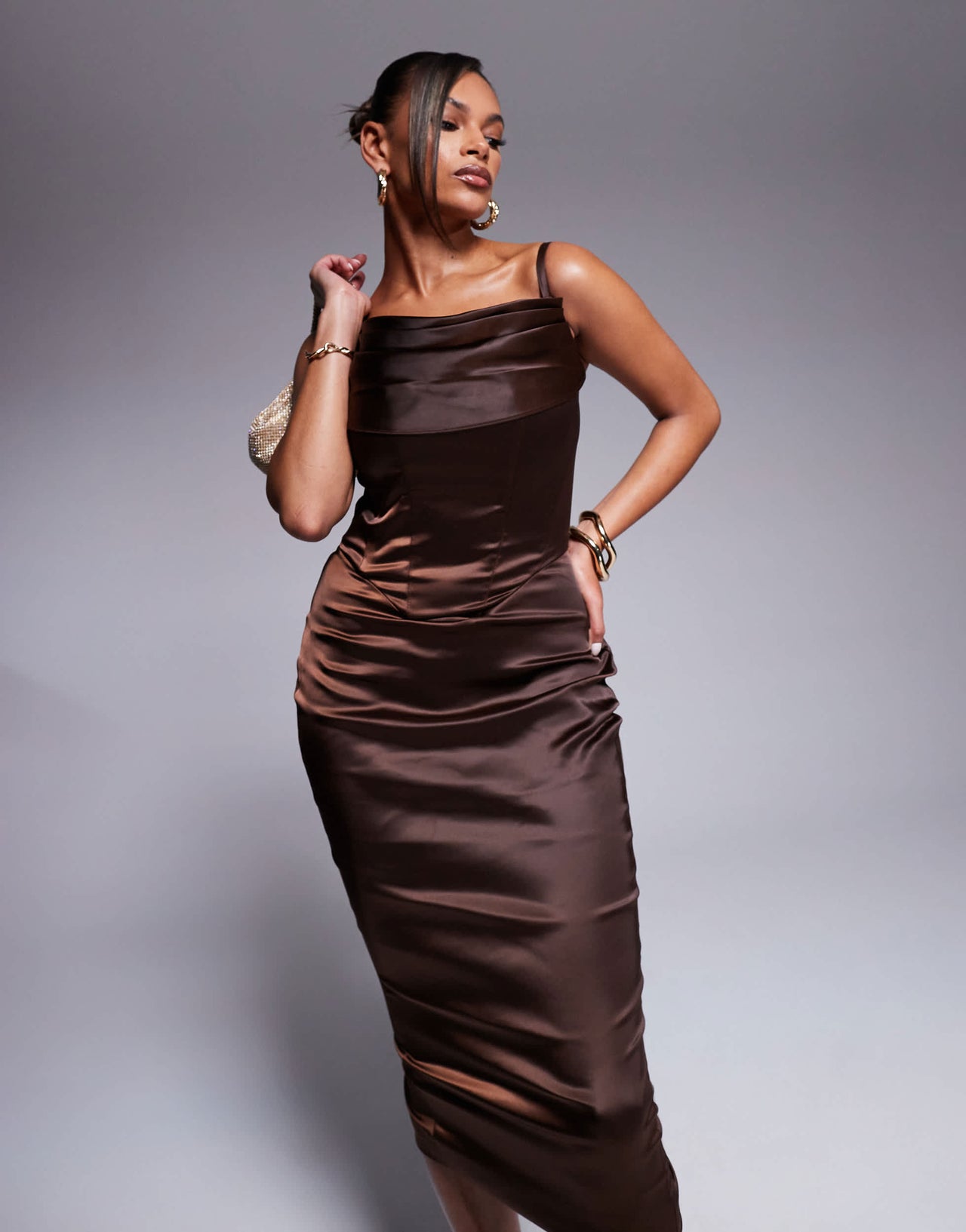 Taideux fuller bust Yolanda satin midi boned corset dress with lace trim in deep chocolate