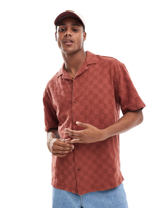 Pull&Bear checked detail shirt in burgundy