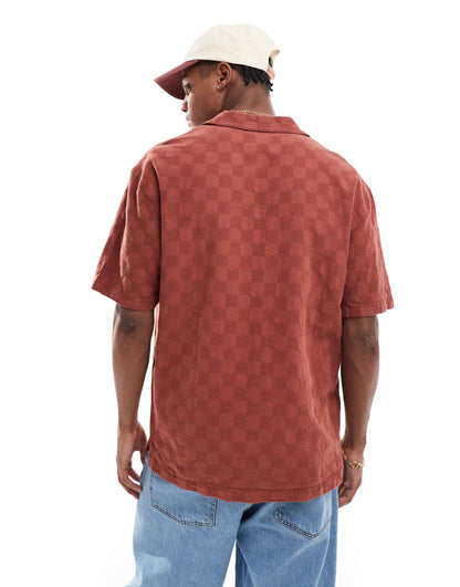 Pull&Bear checked detail shirt in burgundy