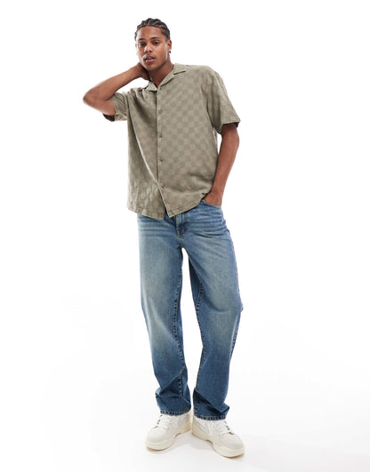 Pull&Bear checked detail shirt in khaki