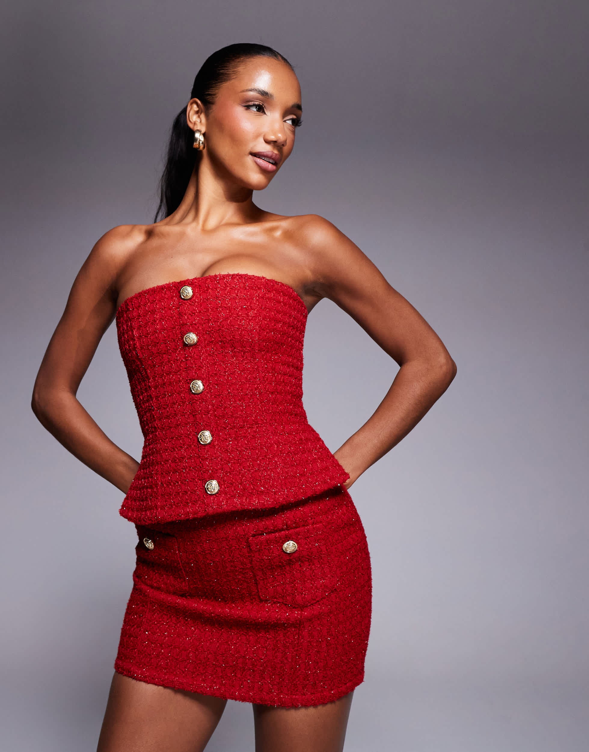 Wanderdoll Noel boucle bandeau gold button detail corset top co-ord in red