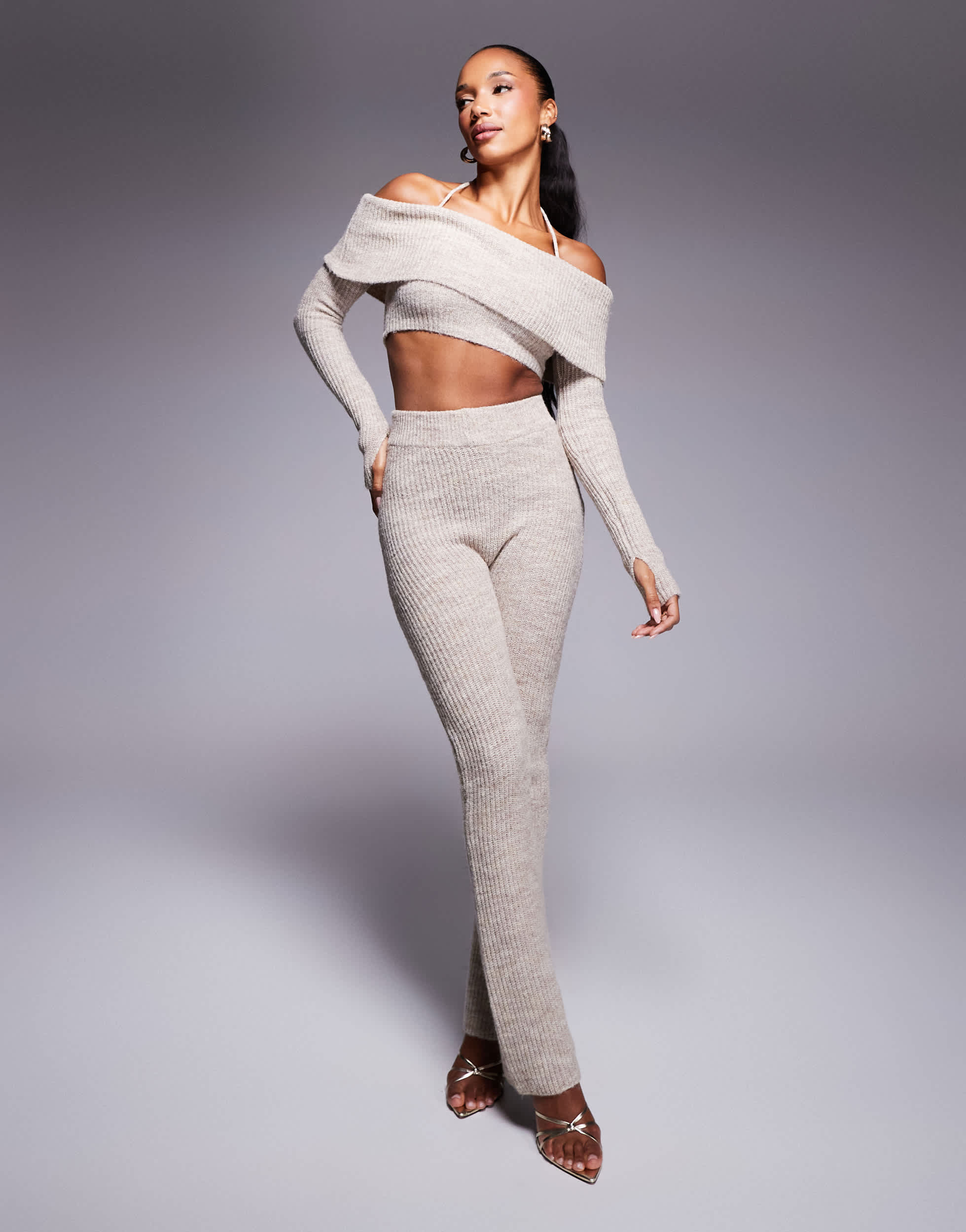 Wanderdoll Carrie knitted bardot crop top and trousers set in oatmeal