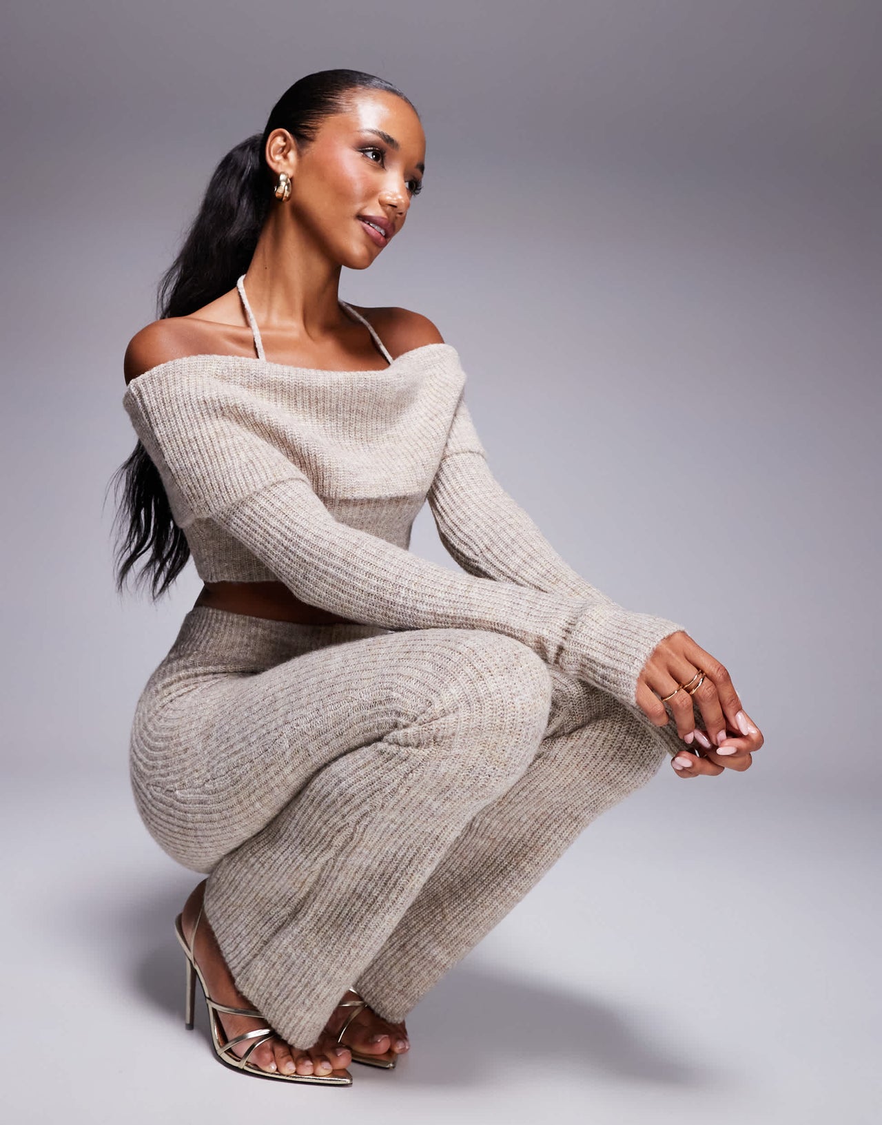 Wanderdoll Carrie knitted bardot crop top and trousers set in oatmeal