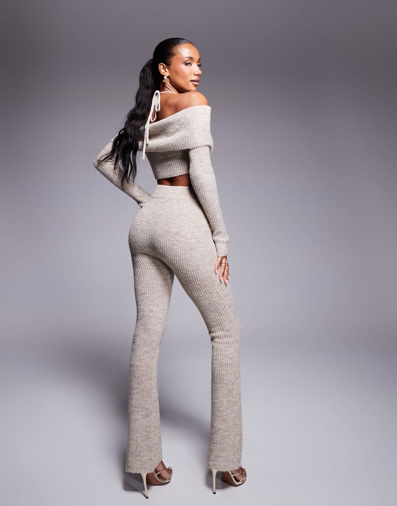 Wanderdoll Carrie knitted bardot crop top and trousers set in oatmeal