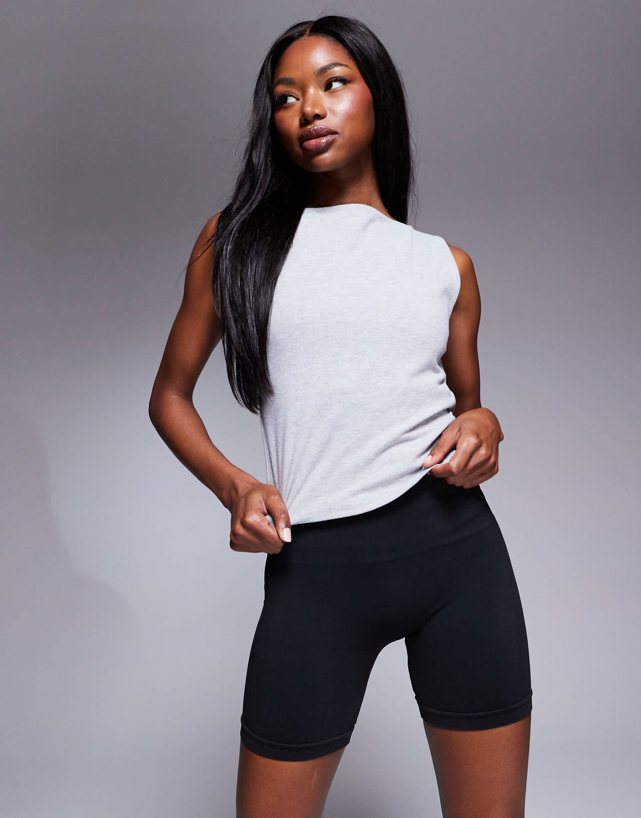 4505 Icon soft touch boat neck tank with inner bra in grey marl