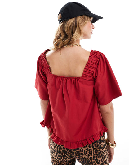 ASOS DESIGN smock top with elasticated neckline in red