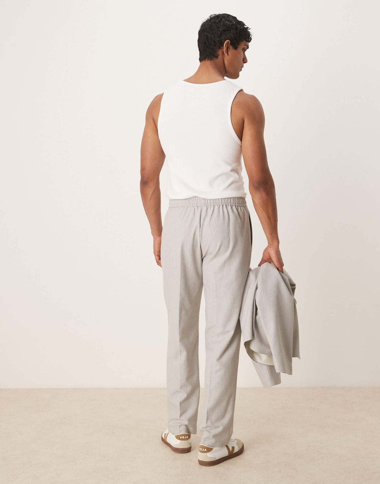 ASOS DESIGN pull on suit trousers with linen in grey texture