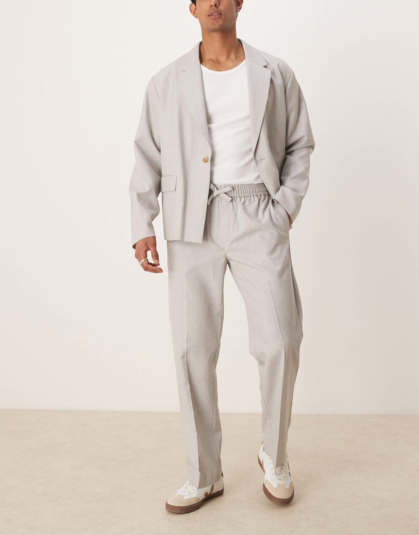 ASOS DESIGN pull on suit trousers with linen in grey texture