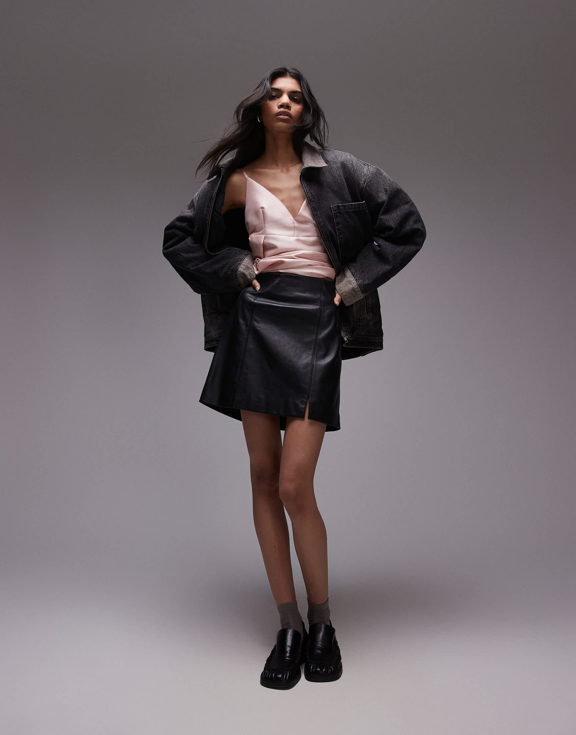 Topshop seamed real leather mini skirt in black