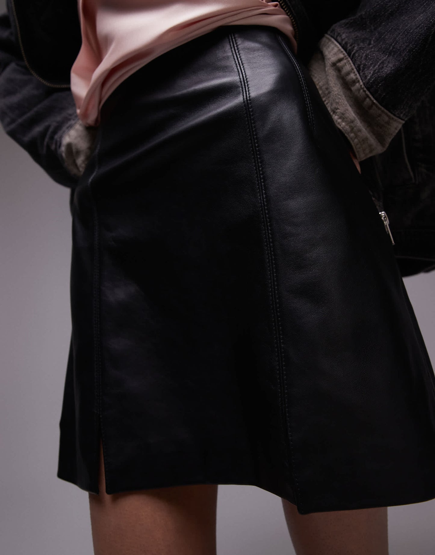 Topshop seamed real leather mini skirt in black
