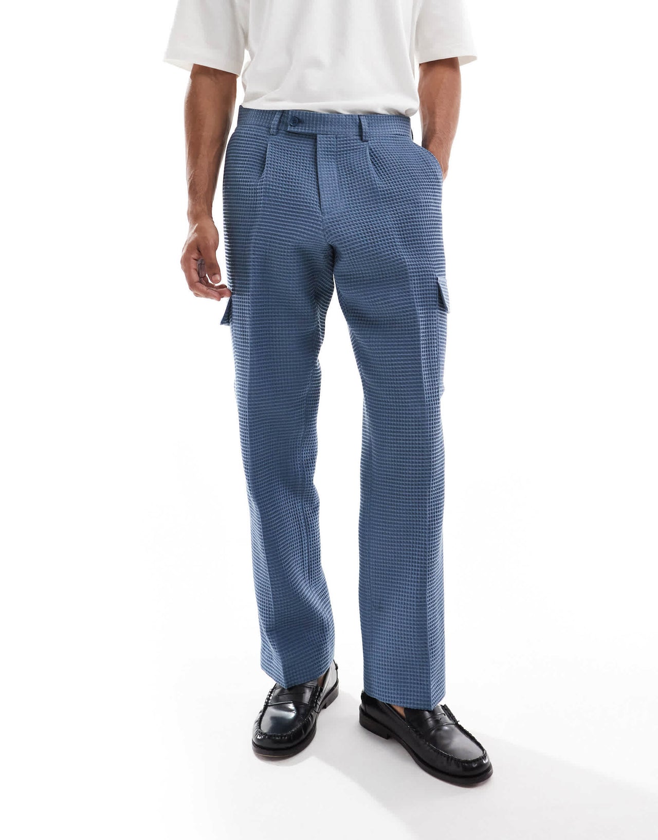 Viggo tailoreed cargo trousers in waffle in stone blue co-ord